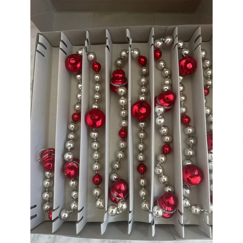 Christopher Radko Shiny Brite Red Silver Glass Bead Christmas Garland 2011 Boxed